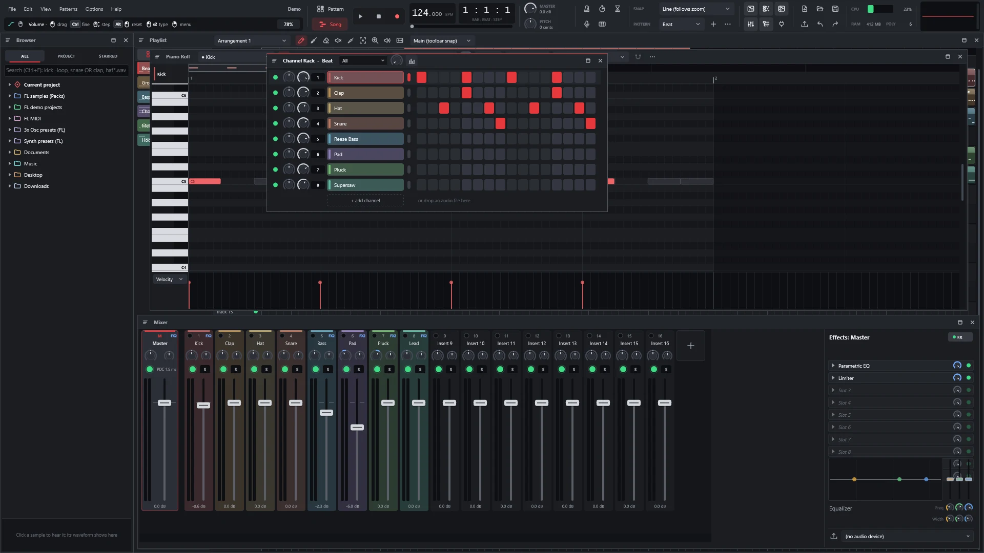 LYNX with the Channel Rack, Piano Roll, Playlist and Mixer open